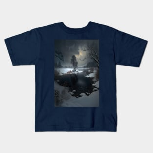 Landscape of winter lake in mountain valley - eerie nights Kids T-Shirt